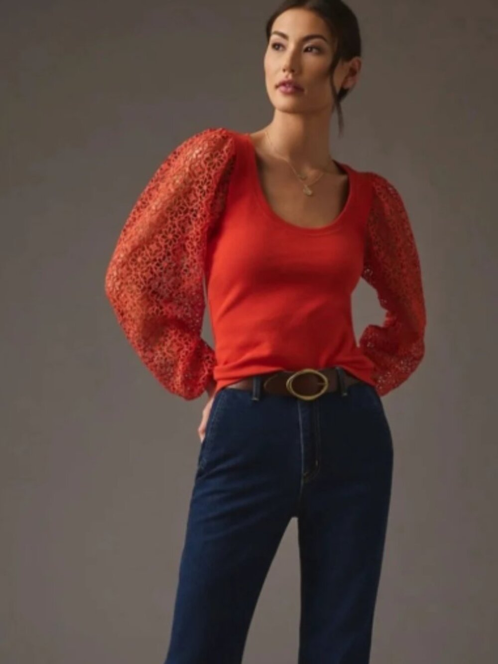 Anthropologie Maeve Burnt Orange Ribbed Knit Lace Puff Sleeve Top - Size M
